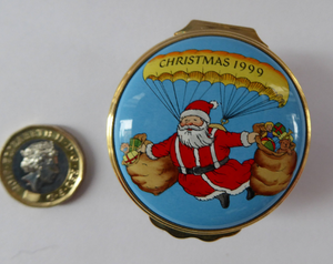 Vintage Halcyon Days Enamels Christmas Box 1999. Santa Delivering Presents in a Parachute. Excellent Condition