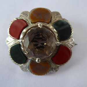 SCOTTISH SILVER: Victorian Agate & Old Silver Brooch with Large Central Citrine Stone