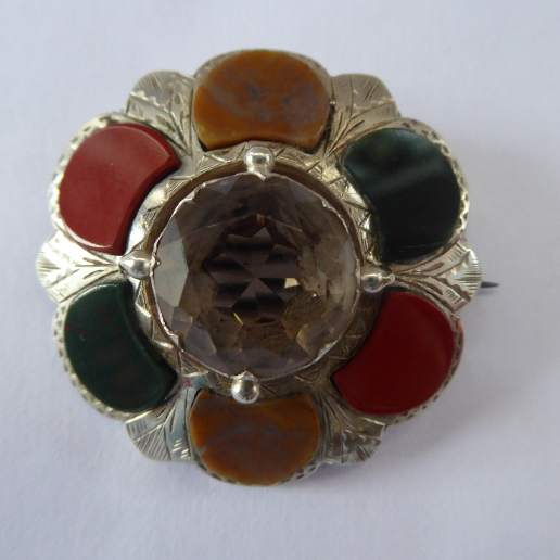 SCOTTISH SILVER: Victorian Agate & Old Silver Brooch with Large Central Citrine Stone