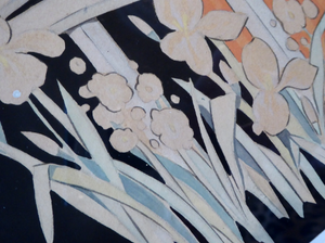 1930s Art Deco Watercolour. Japanese Lady with Parasol in a Garden 