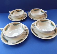 Load image into Gallery viewer, 1950s Vintage Susie Cooper Pottery BRACKEN PATTERN. Rare Set of FOUR Soup Bowls &amp; Saucers
