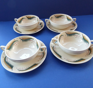 1950s Vintage Susie Cooper Pottery BRACKEN PATTERN. Rare Set of FOUR Soup Bowls & Saucers