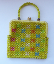 Load image into Gallery viewer, GOOD QUALITY Vintage 1960s Yellow Coloured Beaded Evening Bag - with Fine Gold Tone Clasp and Pair of Beaded Handles
