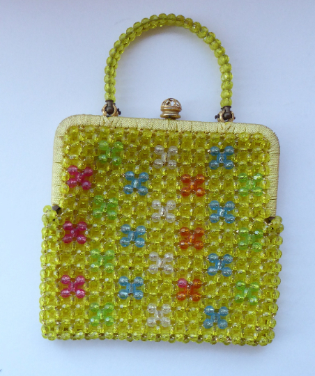GOOD QUALITY Vintage 1960s Yellow Coloured Beaded Evening Bag - with Fine Gold Tone Clasp and Pair of Beaded Handles