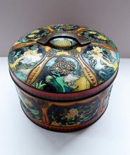 Load image into Gallery viewer, Large Circular VINTAGE Gray Dunn Biscuit Tin, with Japanese / Art Nouveau Decorations. Aesthetic Movement Colours

