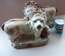 Load image into Gallery viewer, LARGE PAIR of ANTIQUE Staffordshire Style Medici Lions with front paw on ball. 14 inches in length
