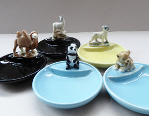 Set of Five Vintage 1960s WADE WHIMTRAYS. Early Made in England Marks to Base: Llama, Boxer, Panda, Lion Cub & Camel
