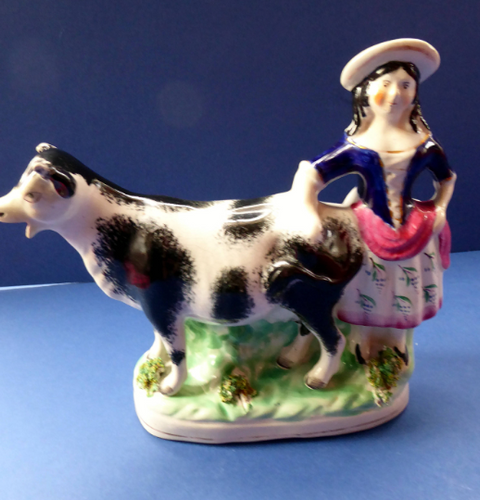 Fabulous 1880s Genuine ANTIQUE STAFFORDSHIRE Flatback Figurine / Cow Creamer. Woman and Cow