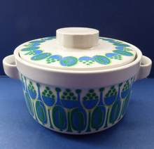 Load image into Gallery viewer, Rarer Granada Pattern: Vintage Norwegian FIGGJO FLINT Cassrole Dish with Minimalist Decoration of Blue &amp; Green Polka Dots
