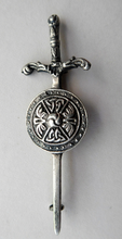 Load image into Gallery viewer, 1950s SCOTTISH SILVER BROOCH. Vintage Lapel Brooch or Miniature Kilt Pin: Celtic Sword &amp; Shield Design by Robert Allison
