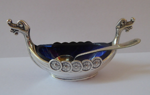 NORWEGIAN SILVER Viking Ship Salt Cellar by Theodor Olsens. With Original Blue Glass Liner & Additional Spoon