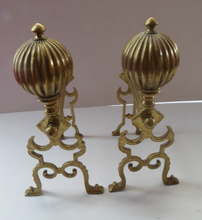 Load image into Gallery viewer, Aesthetic Movement Brass Fire Dogs or Antique Andirons with Large Ribbed Balls Finials
