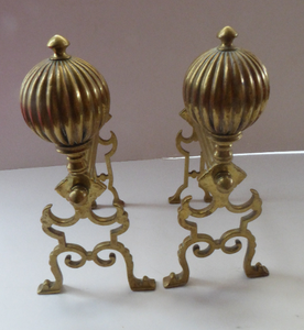 Aesthetic Movement Brass Fire Dogs or Antique Andirons with Large Ribbed Balls Finials