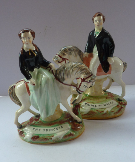 Gorgeous & Rare Pair of STAFFORDSHIRE FIGURES. The Prince and Princess of Wales on Horseback