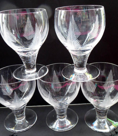 Rarer Set of Five STUART CRYSTAL WOODCHESTER Gin & Tonic Glasses. With Engraved Fern Design. Signed