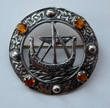 Load image into Gallery viewer, Vintage 1960s Edinburgh Hallmarked Celtic Brooch with Viking Ship. Maker&#39;s Name: H. Wright &amp; Son
