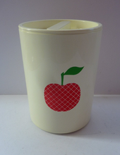 Load image into Gallery viewer, Quirky Vintage Storage Pot or Ice Bucket. Space Age White Plastic with Abstract Red Apple Motif, 1960s
