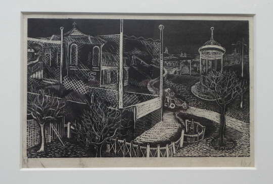 Scottish Art 1940s Woodcut by Kenneth Roberts Wartime Park Scene