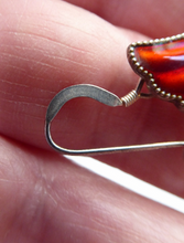 Load image into Gallery viewer, 1950s NORWEGIAN Guilloche Enamel and Silver Drop Earrings by Elvik &amp; Co. Red Shell Shaped for Pierced Ears with Silver Hooks
