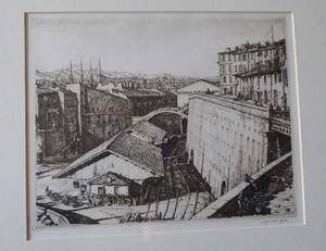 SCOTTISH Art. Original Etching / Drypoint by MUIRHEAD BONE (1876-1953). Railway Sheds, Marseilles; 1937. Pencil Signed
