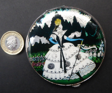 Load image into Gallery viewer, 1930s LARGE Gwenda Tap Flap Powder Compact with Foil Image of Glamourous Lady in a Crinoline Dress. Excellent Vintage Condition

