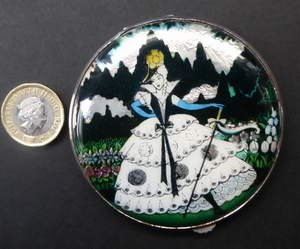 1930s LARGE Gwenda Tap Flap Powder Compact with Foil Image of Glamourous Lady in a Crinoline Dress. Excellent Vintage Condition