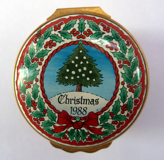 Vintage Halcyon Days Enamels Christmas Box 1988. Christmas Tree & Holly Motifs. Excellent Condition