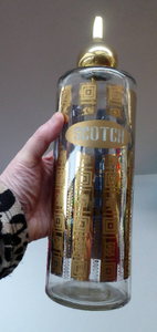 1960s Glass SCOTCH Whisky Decanter. With Bulbous Gold Tone Pourer and Geometric Mirrored Gold Decorations