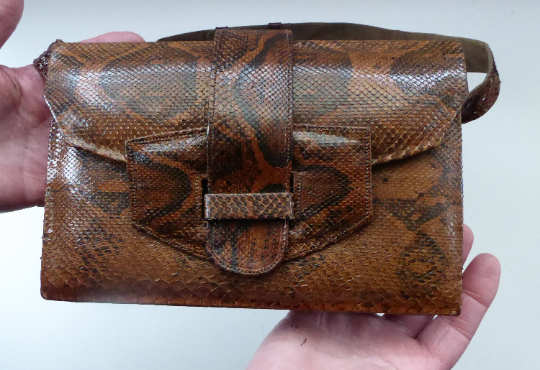Fine Vintage Snakeskin Shoulder Bag. With long strap & interesting flap closure. Clean with no Damages