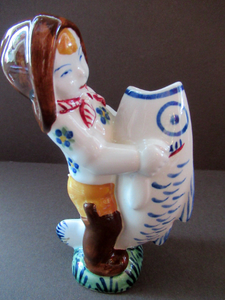 ALUMINIA Royal Copenhagen 1940s Child Welfare Figurine, Signed JUS. Boy Carrying Fish