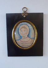 Load image into Gallery viewer, ANTIQUE Portrait Miniature of a Young Lady. Watercolour Study in Antique Black Wooden Frame with Acorn Hanging Ring; c 1830s
