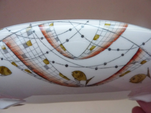 Strange FOLEY China Candle Holder Dish. Designed by Maureen Tanner. Rare PISCATORI (Fish) Pattern; 1960s