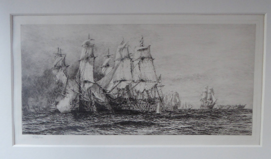 ORIGINAL ETCHING: William Lionel Wyllie (1851 – 1931) Battle of Trafalgar; c 1920. Pencil Signed