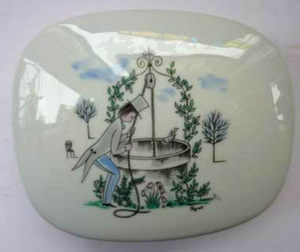 RAYMOND PEYNET. Vintage Rosenthal Lidded Dish. Quirky Design with a Man Pulling a Lady out of a Well