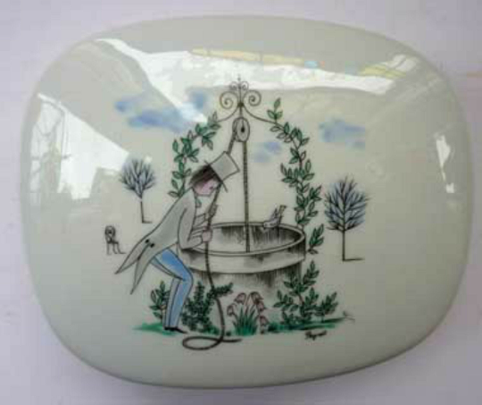 RAYMOND PEYNET. Vintage Rosenthal Lidded Dish. Quirky Design with a Man Pulling a Lady out of a Well