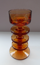 Load image into Gallery viewer, Stylish 1970s SHERINGHAM WEDGWOOD GLASS Topaz or Amber Candlestick by Stennett-Wilson. 6 inches high
