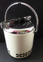 Load image into Gallery viewer, Vintage 1960s JAPANESE White Enamel Ice Bucket with Atomic Design. Original plastic drip tray and chrome tongs
