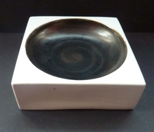 Load image into Gallery viewer, Early TROIKA St Ives Pottery. Minimalist Square Dish with Black Dot Indentation. Honor Curtis 1969-1973 Cornwall England
