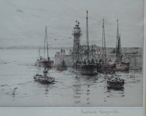 Rowland Langmaid Pencil Signed Etching Newlyn St Michael's Mount Cornwall