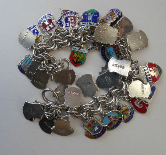 SILVER BRACELET with 36 Vintage SILVER and Enamel Towns Charms. Souvenirs of a Visit to the Town