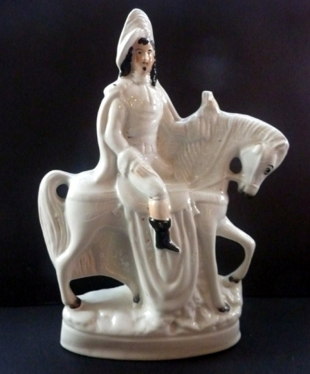 SAMPSON SMITH. LARGE Antique 1880s Victorian STAFFORDSHIRE Figurine. King Charles I on Horseback Carrying a Scroll