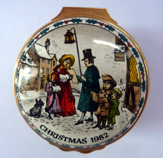Vintage Halcyon Days Enamels Christmas Box 1982. Victorian Carol Singer Motifs. Excellent Condition
