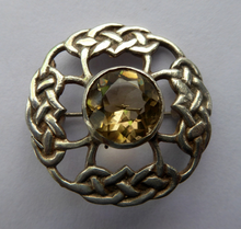 Load image into Gallery viewer, SCOTTISH SILVER Brooch. Stylish 1970s James Coull Design with Small Central Citrine. EDINBURGH Hallmark
