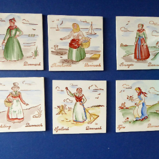 Vintage DANISH Miniature Ceramic Tiles. Folk Art Images of Ladies Working. Each Wears a Regional Costume