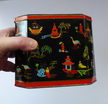 Load image into Gallery viewer, Vintage 1950s SCOTTISH Biscuit Tin for William Crawford. Stylish Mid Century Image with Stylised Chinese Motifs
