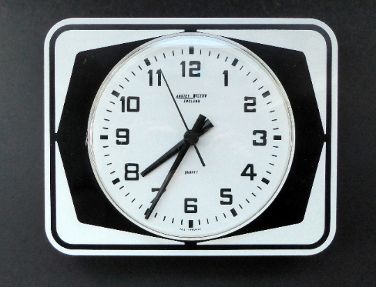 Vintage 1970s ANSTEY & WILSON Abstract Black and White Wall Clock. Good Vintage Condition. Battery Operated