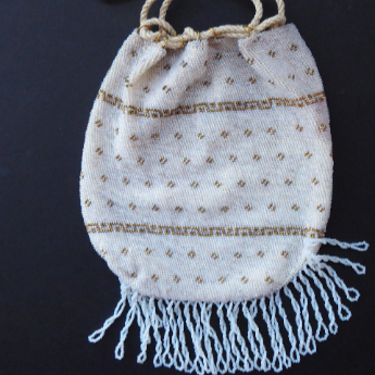 Vintage Reticule Drawstring Glass Beaded Bag. Cream & Gold Mirco Beads. Comes with Free Embroidered Trim. Good Condition