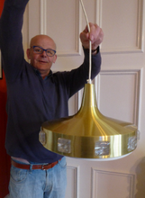 Load image into Gallery viewer, Carl Fagerlund. SWEDISH 1960s Gold Tone Pendant Lampshade with Clear Glass Inclusions and Original Diffuser Below
