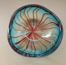 Load image into Gallery viewer, Unusual Chunky Blue Glass Bowl with Flat Polished Pontil Base - with Red Stripes from the Centre. Probably Italian, Murano
