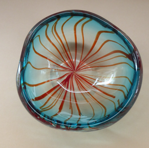 Unusual Chunky Blue Glass Bowl with Flat Polished Pontil Base - with Red Stripes from the Centre. Probably Italian, Murano